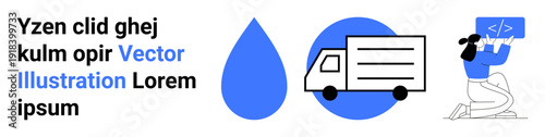 Logistics, water delivery, programming, tech innovation, transportation, e-commerce. Visual features include a water drop, truck and person coding. Logistics and water delivery concepts