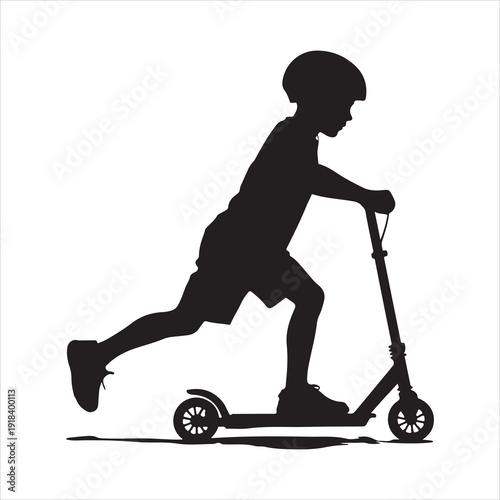 A silhouette of a young boy happily riding a scooter, Boy Riding Scooter Silhouette vector illustration