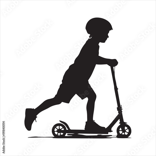A silhouette of a young boy happily riding a scooter, Boy Riding Scooter Silhouette vector illustration