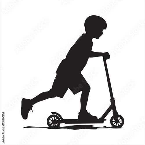 A silhouette of a young boy happily riding a scooter, Boy Riding Scooter Silhouette vector illustration