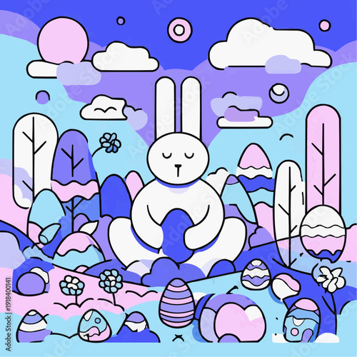 A cute bunny meditates among colorful Easter eggs and whimsical landscapes, perfect for spring celebrations.