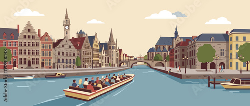 Flat vector illustration of a canal boat tour through a historic European city with traditional architecture, stepped gable houses, stone bridges, and tourists enjoying a scenic river cruise.