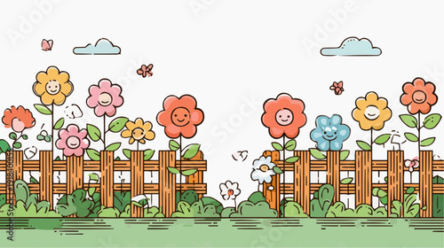Whimsical cartoon garden with smiling flowers, butterflies, and a wooden picket fence. Flat vector illustration with copy space