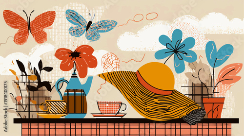 Still life of a garden table with a sun hat, coffee pot, flowers, and butterflies.