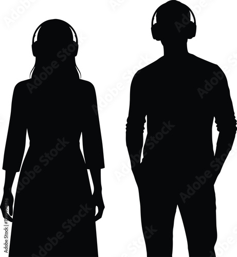 Silhouette of man and woman wearing headphones, isolated on white background, modern audio concept for music, media, technology, lifestyle and creative design projects.