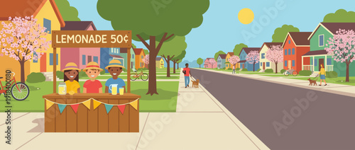 Flat Vector Illustration of Diverse Children Running a Lemonade Stand on a Sunny Spring Day in a Colorful Suburban Neighborhood with Blooming Trees, People Walking Dogs, and Bicycles.