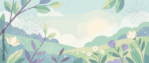 Flat vector illustration of a peaceful spring morning in a garden with dew drops on spiderwebs, blooming flowers, rolling hills, and a soft sunrise sky in pastel colors for nature background.