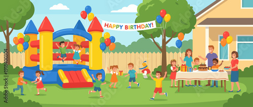 Flat Vector Illustration of a Children's Birthday Party in a Backyard Featuring a Large Bouncy Castle, Colorful Balloons, Happy Kids Playing, a Festive Cake, and Family Celebrating Outdoors.