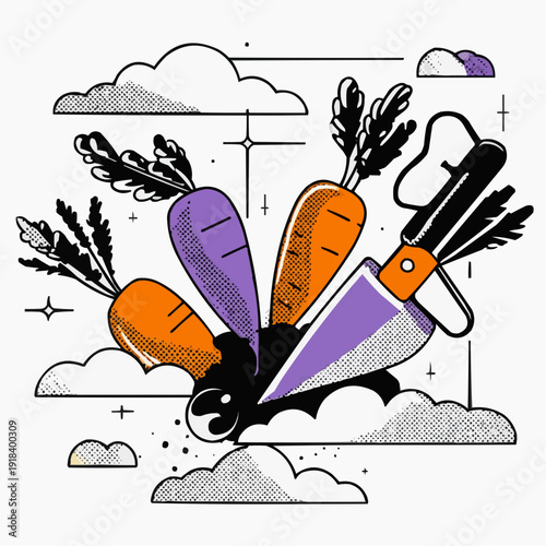 Surreal flat vector illustration of orange purple carrots a chef's knife in soil clouds. Modern graphic design with retro comic book style halftone patterns. For creative cooking concepts.