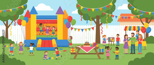 Colorful flat vector illustration of a children's birthday party in a backyard with a bouncy castle, balloons, kids playing, adults socializing, a picnic table with cake, gifts, and party bunting.