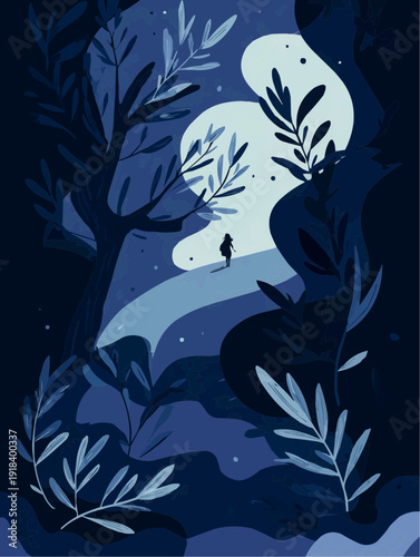 Surreal flat vector illustration of a lone figure walking on a glowing path in a dark, moonlit forest. Monochromatic blue color palette creates a mysterious, somber, and spiritual mood