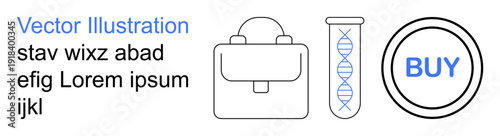 E-commerce, business, science, education, biotechnology, innovation. Minimalistic line-art icons of a briefcase, DNA test tube and buy button. E-commerce and business concept