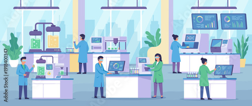 Modern gene therapy laboratory with scientists in lab coats working on biotechnology research using high-tech equipment, computers, and bioreactors in a clean, professional medical facility.