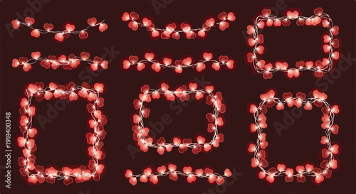 ロマンチックな雰囲気を作り出す、暗い背景に輝くハート型のストリングライトがガーランドやフレームとして配置されたバレンタインデー装飾コレクション。