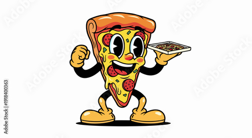 レトロな漫画スタイルで描かれた、笑顔でトレイを持つ擬人化ピザスライスキャラクターが、元気いっぱいのポーズで美味しさと楽しさを表現するベクターイラスト。