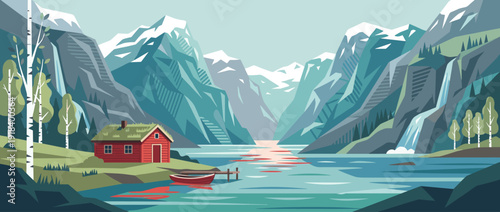 Flat vector illustration of a scenic Norwegian fjord landscape featuring a traditional red wooden cabin, a small rowing boat at a dock, majestic snow-capped mountains, waterfalls, and birch trees.