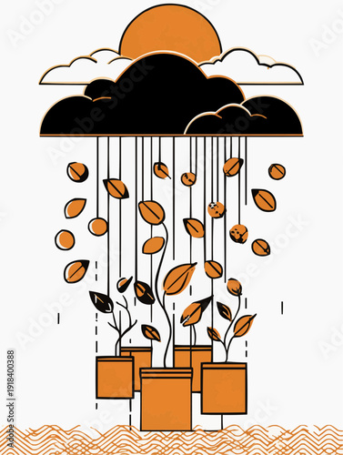 A surreal, conceptual vector illustration of growth. Seeds rain from a black cloud, nurturing plants in orange pots below. Minimalist flat design with a black, orange, and white palette