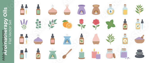 Essential Oil and Aromatherapy Flat Vector Icon Set with 30 Items: Dropper Bottles, Diffusers, Oil Burners, Scented Candles, Herbs, Lavender, Rose, Mint, Bath Salts, and Zen Stones in Pastel Colors.