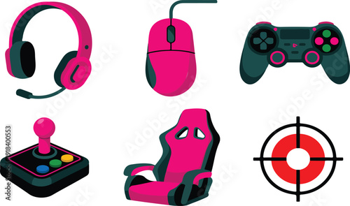 Gaming Equipment Icon Set – Headset, Controller, Mouse, Chair and Crosshair