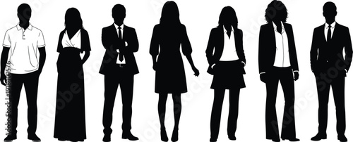 Silhouettes of diverse men and women standing in formal and casual outfits, professional and elegant poses, teamwork concept, modern business style, confident and stylish figures
