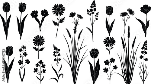 Silhouettes of diverse standing people in a row, showing different poses and clothing styles, isolated on white background for design, presentation, advertising, and creative projects.