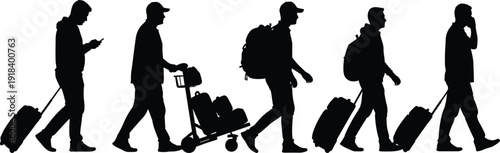 Silhouettes of male travelers walking with luggage, backpacks, and carts at airport, representing travel journey, transportation, tourism lifestyle, vacation and modern mobility concepts.