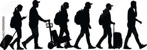 Silhouettes of travelers walking with suitcases, backpacks, and luggage carts for airport travel concepts, tourism illustrations, journey graphics, transportation design, and vacation-themed vector a