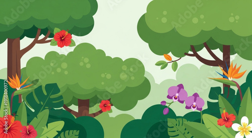 Vibrant tropical forest scene with lush greenery colorful flowers and trees in a serene natural environment