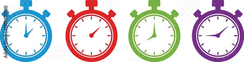 Set of four colorful stopwatch icons in blue red green and purple on a white background.