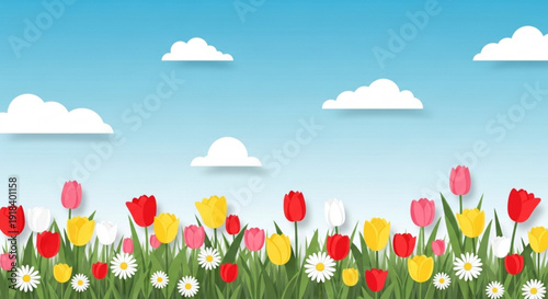 Colorful tulips and daisies blooming in a vibrant spring meadow with fluffy white clouds against a bright blue sky
