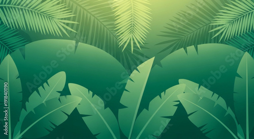 Tropical leaves in various shades of green with soft lighting and lush foliage creating a serene atmosphere