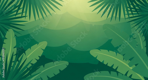 Tropical landscape with lush green foliage palm trees and misty mountains under a bright greenish yellow sky serene atmosphere