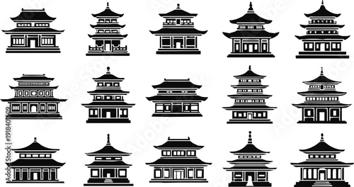Traditional Asian pagoda temple silhouettes collection featuring Chinese Japanese architecture buildings icons isolated black vector illustration set design elements historic cultural landmarks
