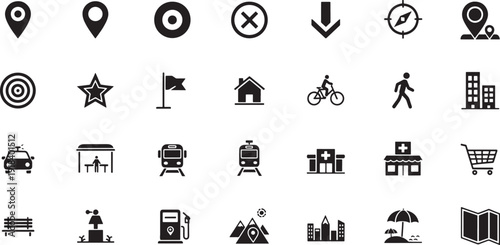 Map Navigation and City Point of Interest Vector Icon Set - stock vector.