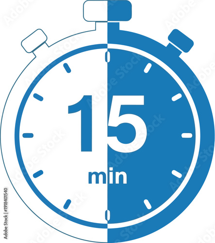 A blue and white stopwatch icon showing a fifteen minute interval for timing