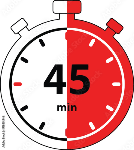 A flat design icon of a stopwatch showing a forty five minute interval with red shading.