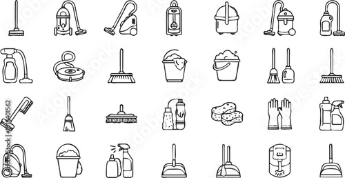 Cleaning equipment and vacuum cleaner icons set in outline style for housekeeping janitorial service commercial hygiene maintenance sanitation concepts professional home office