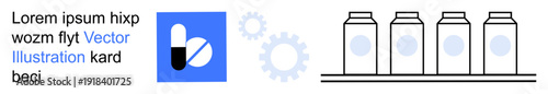 Healthcare, manufacturing, pharmaceutical processes, medical packaging, automation, production line. A pill and gear icon next to outlined bottles on a line. Healthcare and manufacturing concepts