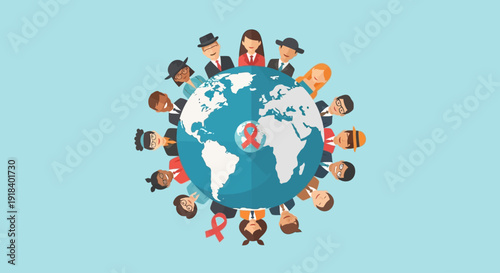 World Down Syndrome Day illustration featuring diverse people around the globe united together in solidarity and awareness from a top-down view