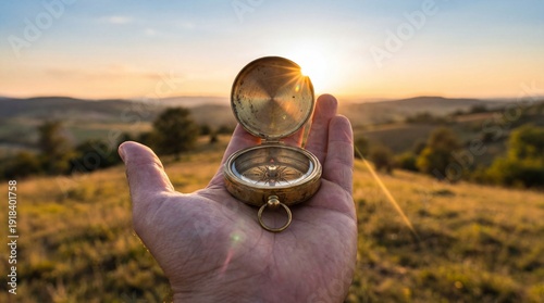 Obraz na płótnie Hand holding an antique brass pocket compass open towards a golden sunset illumi
