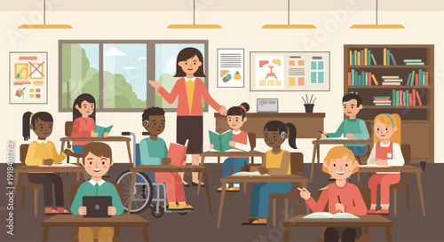 Students with Down Syndrome in a classroom on World Down Syndrome Day learning together