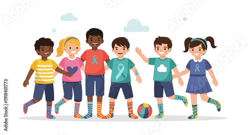 Children celebrating World Down Syndrome Day together playing happily outdoors with friends and a ball