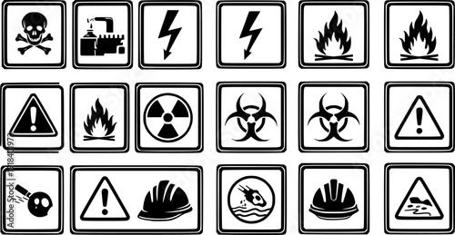 Industrial Safety Warning Signs Set Featuring Hazard Symbols Chemical Electrical Fire Radiation Biohazard And Workplace Risk Icons For Construction Factory Health And Safety Design