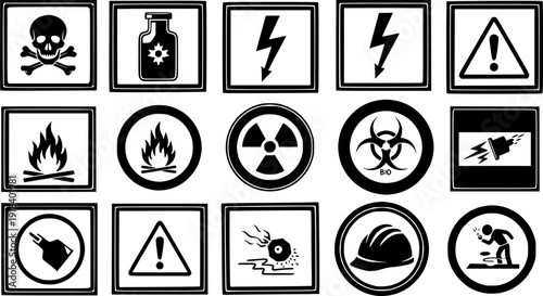 Industrial Safety Warning Signs Set Featuring Hazard Symbols Chemical Electrical Fire Radiation Biohazard And Workplace Risk Icons For Construction Factory Health And Safety Design
