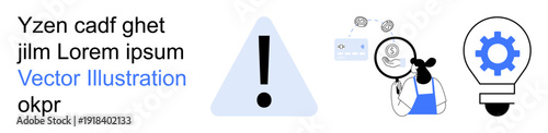 Business strategy, innovation, problem solving, technology, scientific research, and creativity. Elements include a warning icon, light bulb and person analyzing data. Business strategy