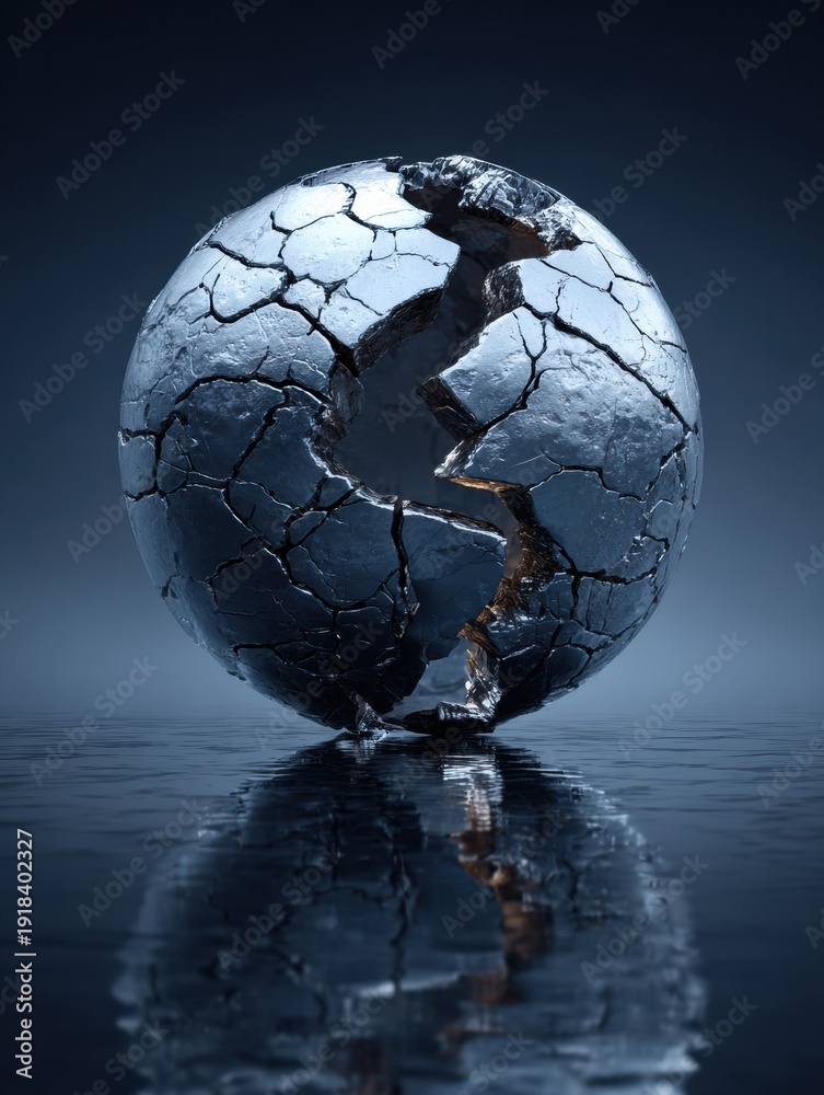 Naklejka premium Conceptual Illustration Shows a Globe With Cracks Caused by Missile Impact Lines on a Dark Blue Background With Dramatic Lighting