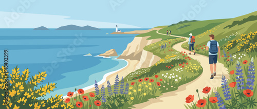 Flat vector illustration of a scenic coastal cliff walk featuring hikers, vibrant wildflowers, and breathtaking ocean views. People trekking on a winding path near a lighthouse and sandy beach.