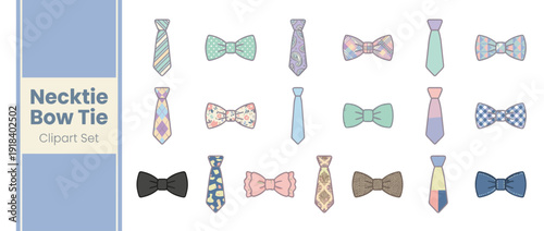 Vector Clipart Set of 20 Necktie and Bow Tie Icons in Pastel Colors with Various Patterns like Stripes, Polka Dots, Paisley, Plaid, Floral, and Geometric Designs for Fashion, Wedding, and Business