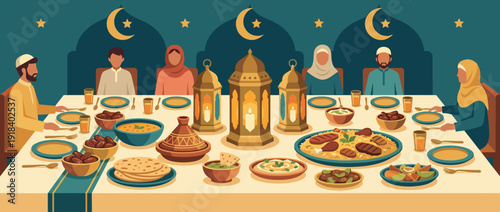 Flat vector illustration of a diverse Muslim family gathered for a traditional Ramadan Iftar dinner, featuring a table full of food, decorative lanterns, crescent moons, and starry background.