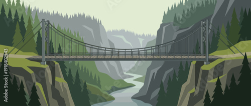 Flat vector illustration of a scenic suspension bridge over a deep mountain gorge with a winding river below and lush pine forests on both sides, perfect for nature and travel themed designs.